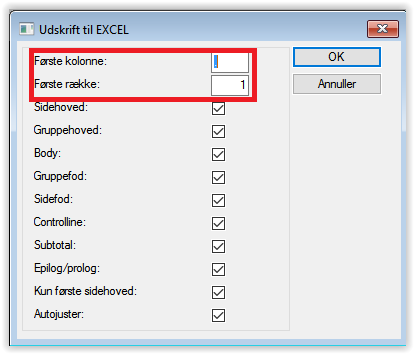 Klassisk Dynamics C5 dialogen: Udskrift til Excel